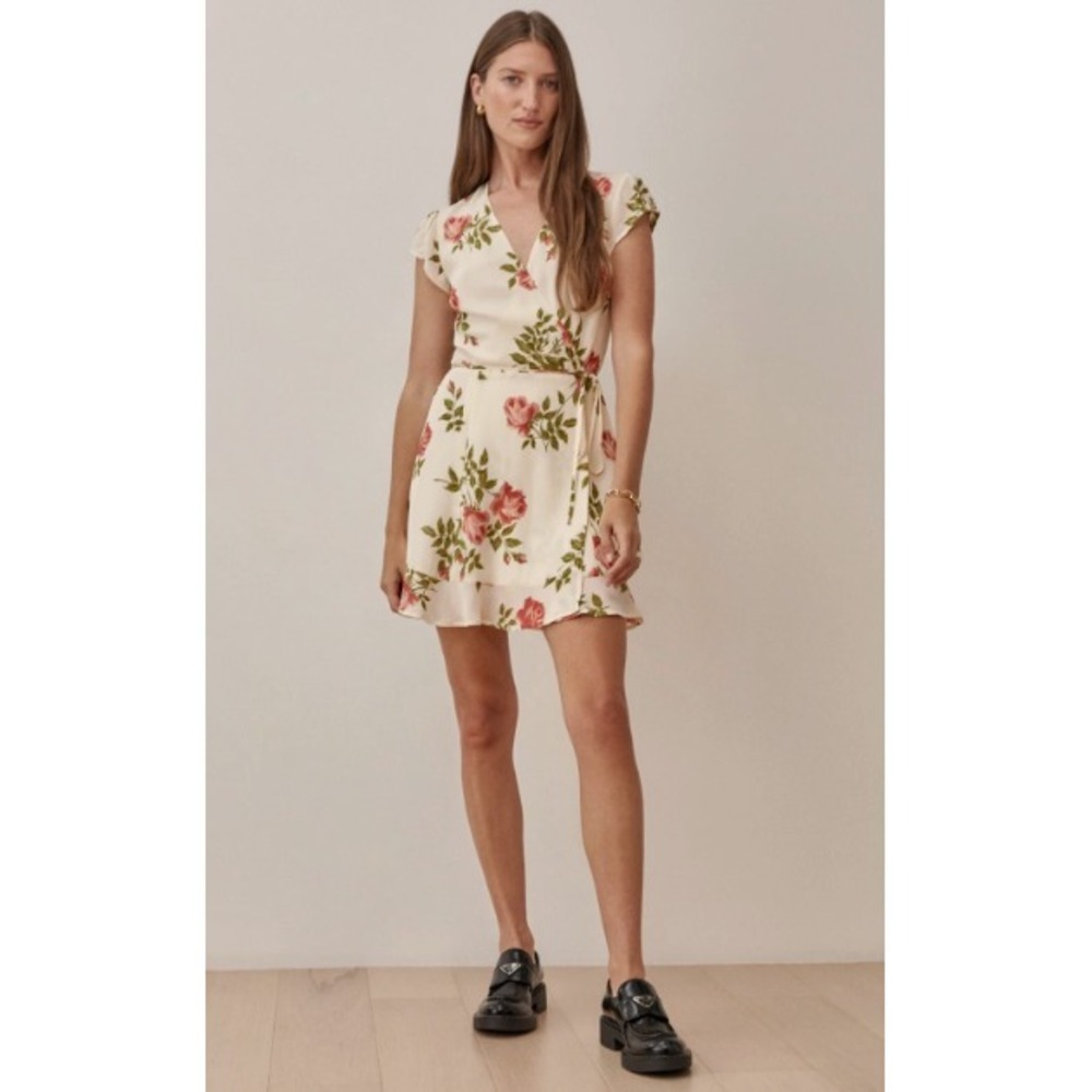 Reformation Radley Floral Short Mini Wrap Dress in Jolie, OFF White, Size XS